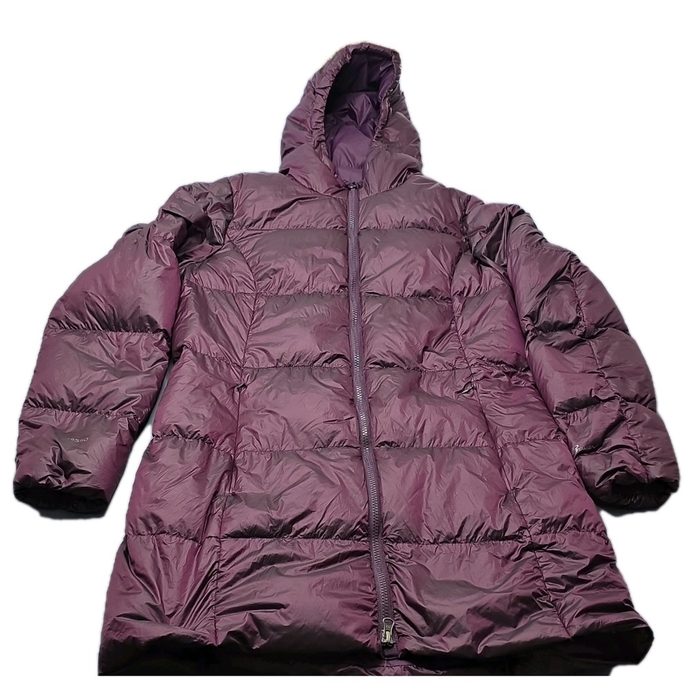 Eddie Bauer Coat Womens M Purple Hooded Down Puffer Quilted Full Zip Long EB550